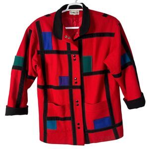Vintage Red Pea Coat with Black Trim and Blue & Green Accents